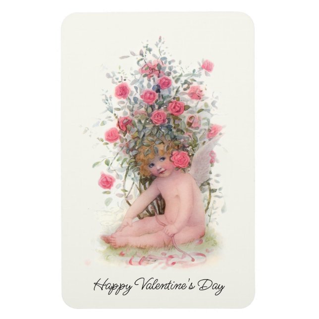 Vintage Cupid with Pink Roses Valentine Magnet (Vertical)