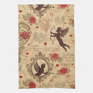 Vintage Cupid's Romantic Pattern (10) Tea Towel