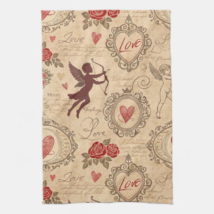 Vintage Cupid's Romantic Pattern (3) Tea Towel