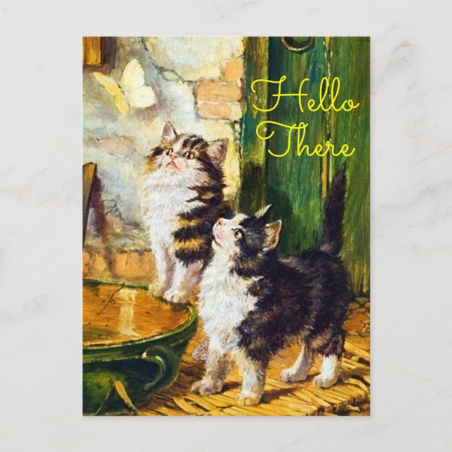 Vintage Curious Kittens Butterfly Hello There` Postcard (Front)