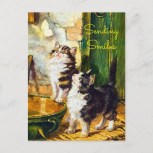 Vintage Curious Kittens Butterfly Sending Smiles Postcard