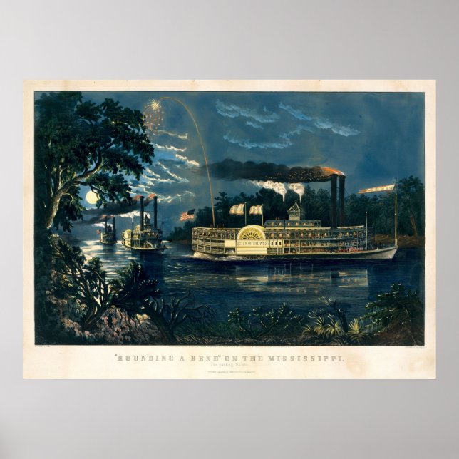 Vintage Currier & Ives Steamboats in Moonlight Poster (Front)