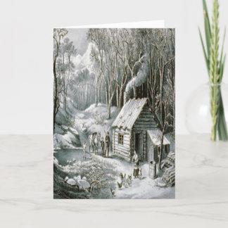 Vintage Currier & Ives Wilderness Log Cabin Woods Holiday Card
