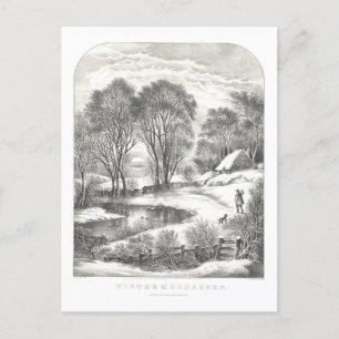 Vintage Currier & Ives Winter Moonlight Lithograph Postcard