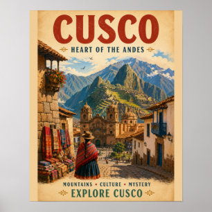 Vintage Cusco Peru Travel Poster with Andean Mount