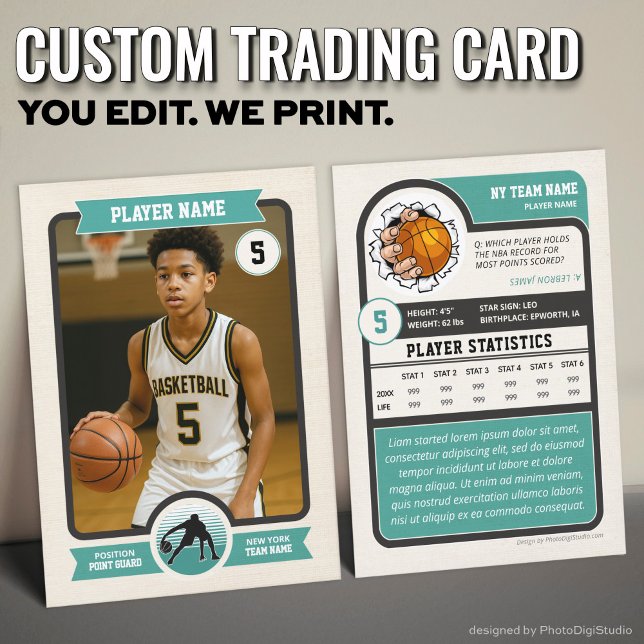 Vintage Custom Basketball Trading Card, Teal Sport Calling Card (Vintage Custom Basketball Trading Card, Teal Player Card)
