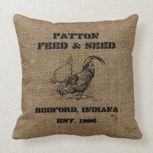Vintage Custom Burlap Feed & Seed Advertising Cushion