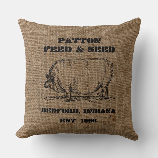 Vintage Custom Burlap Feed & Seed Advertising Cushion (Front)