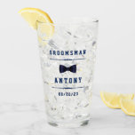 Vintage Custom Name Dark Blue Groomsman Glass<br><div class="desc">Vintage typography and a bow tie image make these personalised wedding party glass tumblers the perfect gift for any groom.</div>