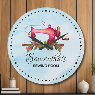 Vintage Custom  Pink Sewing Room cute watercolor  Large Clock