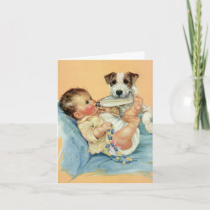 Vintage Cute Baby Boy Bottle Puppy Dog Thank You Card