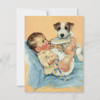 Vintage Cute Baby Boy with Bottle and Puppy Dog