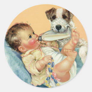 Vintage Cute Baby Boy with Bottle and Puppy Dog Classic Round Sticker