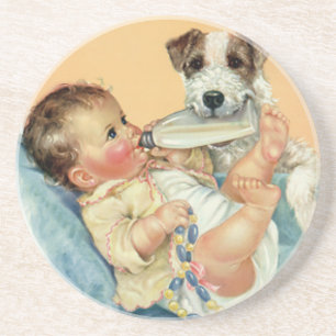 Vintage Cute Baby Boy with Bottle and Puppy Dog Coaster