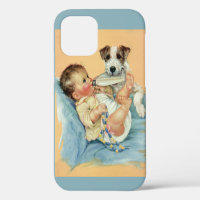 Vintage Cute Baby Boy with Bottle and Puppy Dog