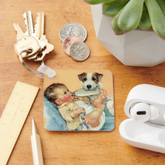 Vintage Cute Baby Boy with Bottle and Puppy Dog Key Ring