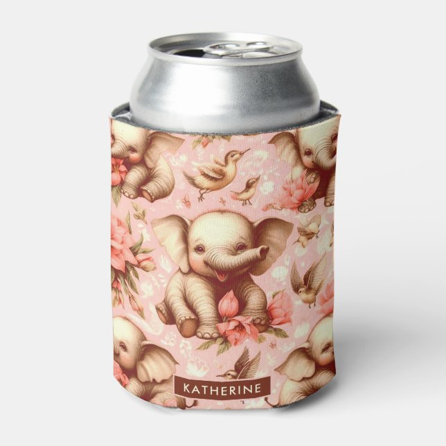 Vintage Cute Baby Elephant Pattern Can Cooler (Can Front)