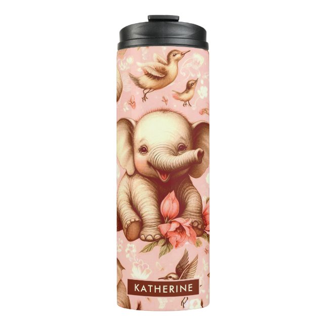 Vintage Cute Baby Elephant Pattern Thermal Tumbler (Front)