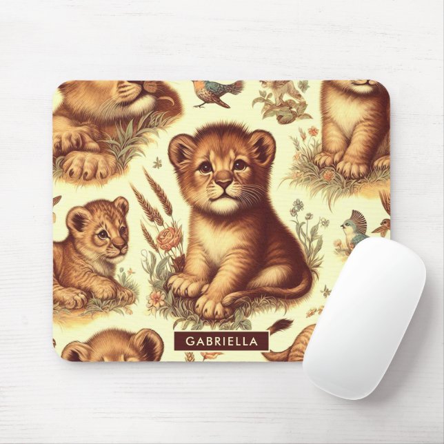 Vintage Cute Baby Lion Pattern Mouse Pad (With Mouse)