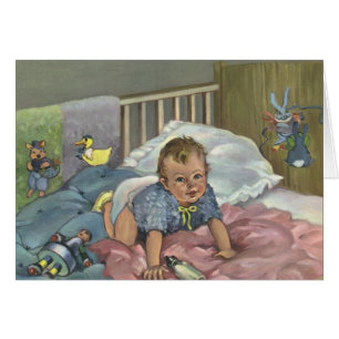 Vintage Cute Baby Playing in Crib, Child Nap Time