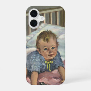 Vintage Cute Baby Playing in Crib, Child Nap Time iPhone 16 Case