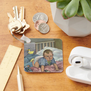 Vintage Cute Baby Playing in Crib, Child Nap Time Key Ring
