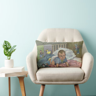 Vintage Cute Baby Playing in Crib, Child Nap Time Lumbar Cushion