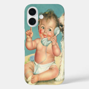 Vintage Cute Baby Talking on Phone Puppy Dog iPhone 16 Case