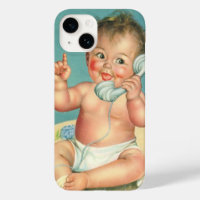 Vintage Cute Baby Talking on Phone Puppy Dog