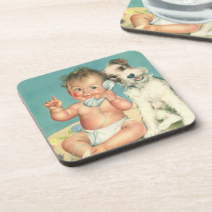 Vintage Cute Baby Talking on Phone Puppy Dog Coaster