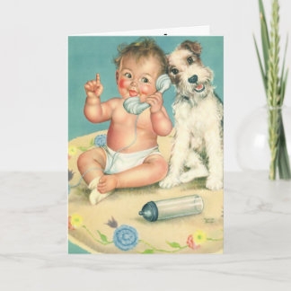 Vintage Cute Baby Talking on Phone Puppy Dog Invitation