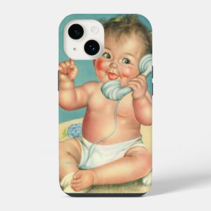 Vintage Cute Baby Talking on Phone Puppy Dog iPhone 14 Case