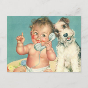 Vintage Cute Baby Talking on Phone Puppy Dog Postcard