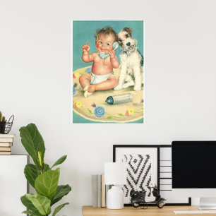 Vintage Cute Baby Talking on Phone Puppy Dog Poster
