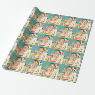 Vintage Cute Baby Talking on Phone Puppy Dog Wrapping Paper
