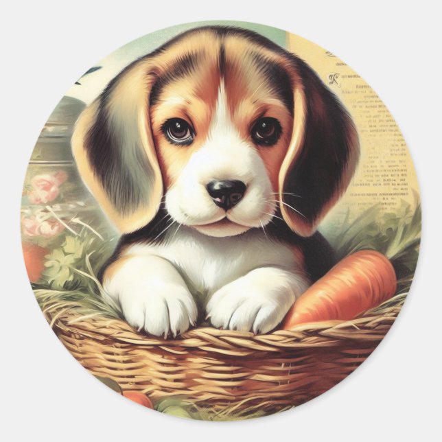 Vintage Cute Beagle Puppy Classic Round Sticker (Front)