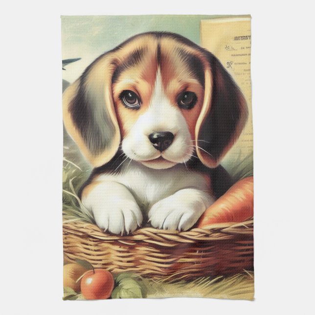 Vintage Cute Beagle Puppy Tea Towel (Vertical)