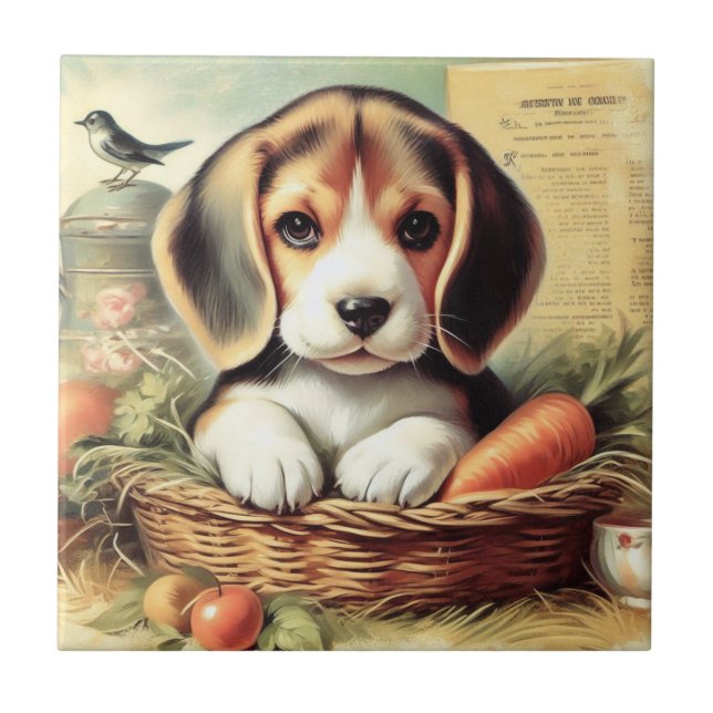 Vintage Cute Beagle Puppy Tile (Front)