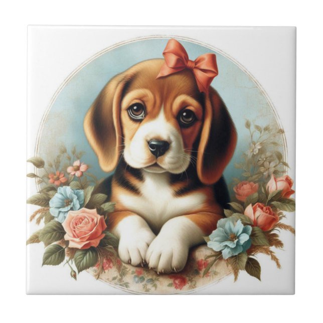 Vintage Cute Beagle Puppy Tile (Front)