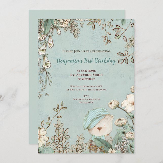 Vintage Cute Bear Botanical 1st Birthday Boy Invitation (Front/Back)
