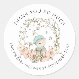 Vintage Cute Bear Floral Thank You Boy Baby Shower Classic Round Sticker