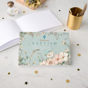 Vintage Cute Bear Flowers Greenery Baby Baptism Guest Book