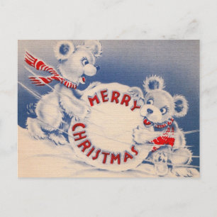 Vintage Cute Bears Snowball Merry Christmas Holiday Postcard