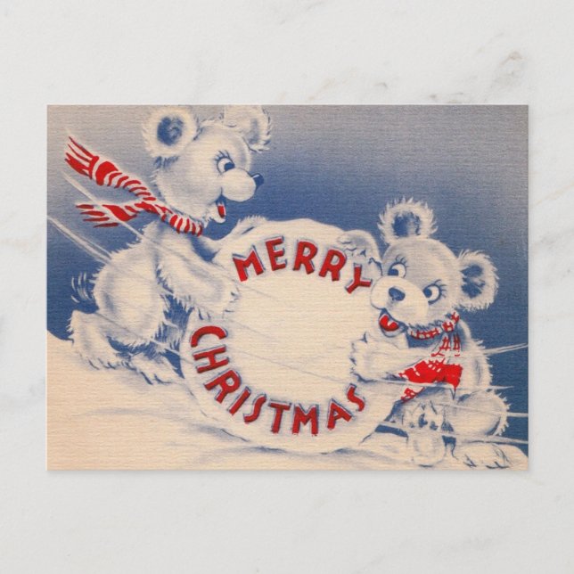 Vintage Cute Bears Snowball Merry Christmas  Holiday Postcard (Front)
