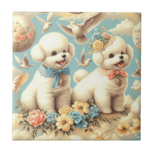 Vintage Cute Bichon Frisé Illustration Tile