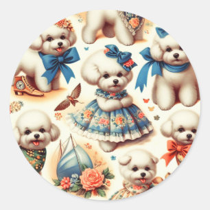 Vintage Cute Bichon Frisé Painting Classic Round Sticker