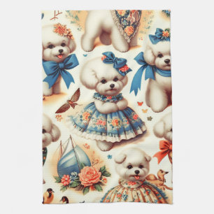 Vintage Cute Bichon Frisé Painting Tea Towel