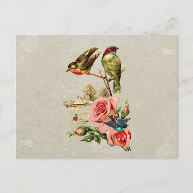 Vintage Cute Birds & Roses Landscape Painting Postcard (Front)