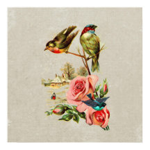Vintage Cute Birds & Roses Landscape Painting