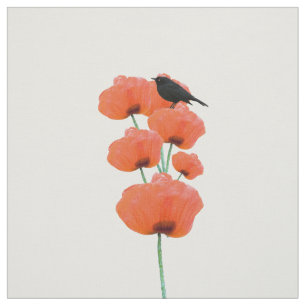 Vintage cute black bird orange poppy flowers fabric